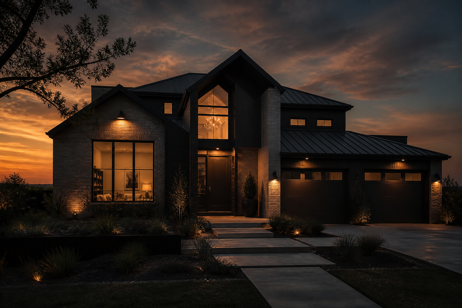 North Texas home glowing warm at dusk