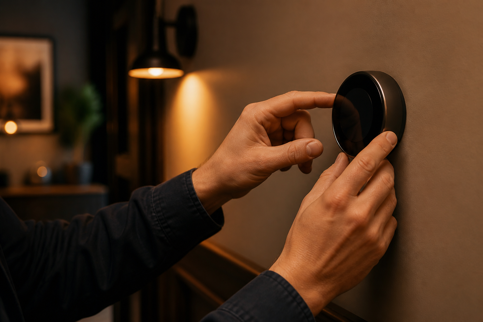 Hands adjusting a modern digital thermostat